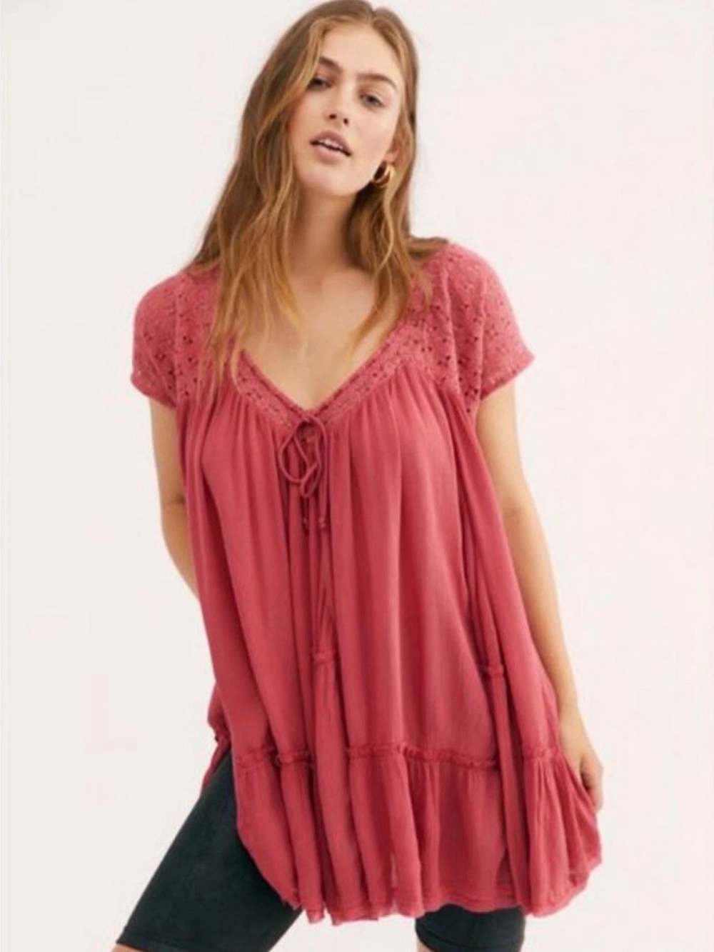 Free People Sunfest Crochet Tunic Top Rose Pink Boho Oversized,  Small